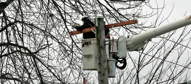 Puget Sound Energy contractors work to repair power lines entangled with tree branches Saturday