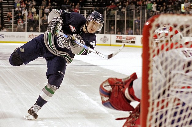 Marcel Noebels shoots a goal last season for the Seattle Thunderbirds. Noebels has been invited this month to the training camp of the Philadelphia Flyers.