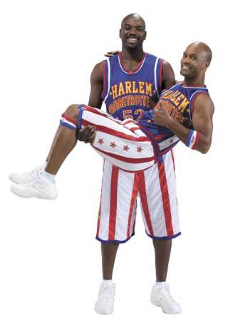 Harlem Globetrotter Big Easy Lofton holds up teammate Flight Time Lang. The two will appear