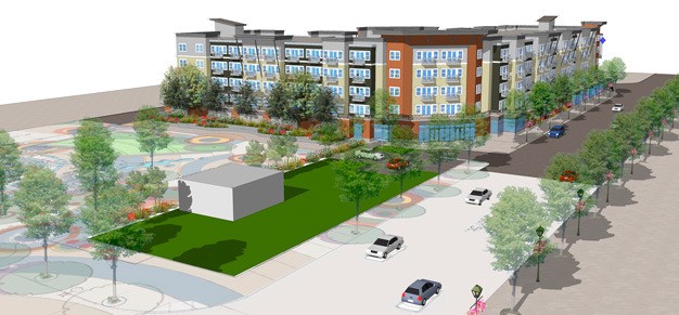 This preliminary concept rendering shows plans for a new five-story apartment and retail complex in downtown Kent at the southeast corner of Smith Street and Fourth Avenue. Town Square Plaza is on the left.