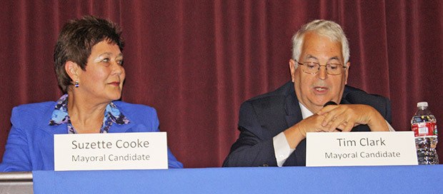 Kent mayoral candidates Suzette Cooke and Tim Clark answer questions Thursday