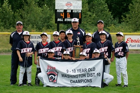 The Kent Little League 9-10 All-Stars brought home the District 10 championship with a 4-1 victory over Auburn last Saturday. Front row (right to left) Nate Arreola