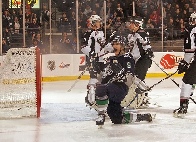 Thunderbird Justin Hickman celebrates after he scores a goal