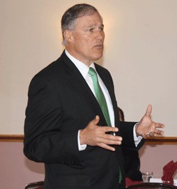 Gov. Jay Inslee spoke Friday at a business and political leaders luncheon in Kent about the importance of the Legislature adopting a transportation funding package.