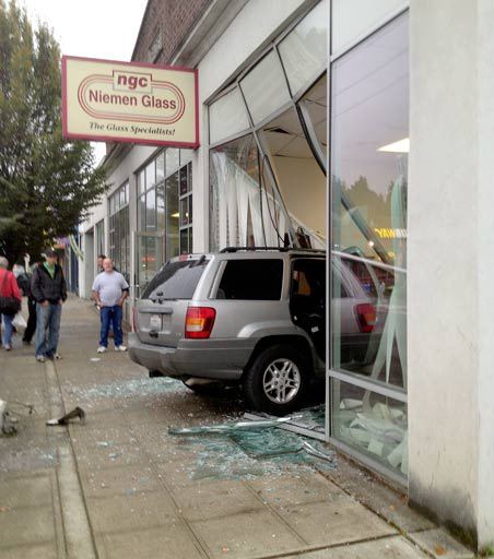 A driver lost control of a SUV at about 8 a.m. on Tuesday and smashed into the Niemen Glass storefront at 209 Central Ave. N. Nobody was injured.