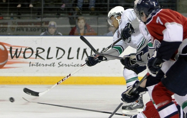 The T-Birds' Keegan Kolesar rifles a shot for a goal in the second period against the Americans.