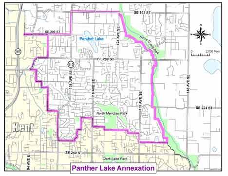 The proposed Panther Lake annexation area to the city of Kent stretches north from Southeast 236th Street to Southeast 192nd Street and east of 95th Avenue South to near 132nd Avenue Southeast. The area covers 5 square miles.