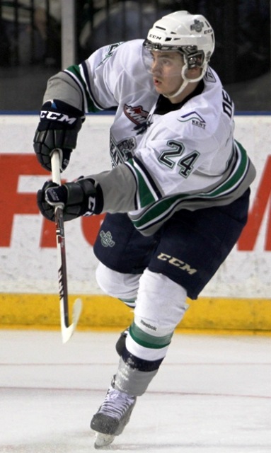 The Thunderbirds' Alexander Delnov delivers a pass during Game 1 action at the ShoWare Center.