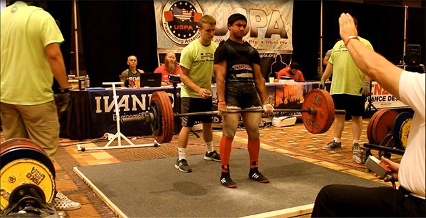 Rajjat Chauhan prepares to compete in the dead lift at the U.S. Powerlifting Association National Championships in July at Las Vegas.