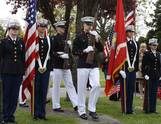 Students from the Kentwood Marine Junior ROTC participated in the Hillcrest Burial Park Memorial Day ceremony Monday. From left to right are: Jaleesa Panico