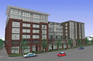 A rendering shows what developer Robert Slattery’s proposed six-to-seven-story apartment complex might look like. It would be located at the north side of East Smith Street between Clark and Jason Streets.