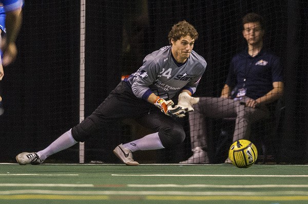 Tacoma Stars goalkeeper Danny Waltman dives to make a save during the Stars season opener against the Sacramento Surge last Friday at the ShoWare Center in Kent. Waltman and Stars forward Dan Antoniuk were named to the Major League Arena Soccer Team of the Week.