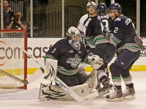 Seattle Thunderbirds goalie Calvin Pickard shown during a shutout game Oct. 2 against the Tri-City Americans