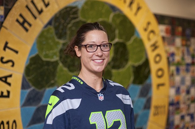 East Hill Elementary School's Erica Eller is one of 16 K–12 teachers across the Puget Sound area who was honored for educational excellence in the Symetra Heroes in the Classroom program during the 2014 NFL season.