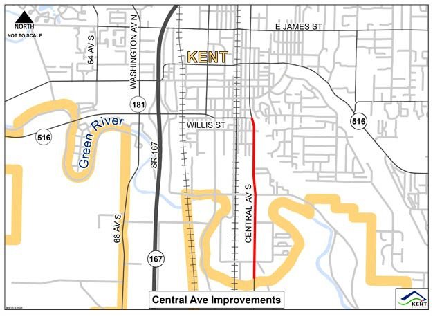 Crews will start work in July to repave Central Avenue South (shown in red) from Willis Street south to about South 262nd Street. The cost of the project is an estimated $6.3 million.