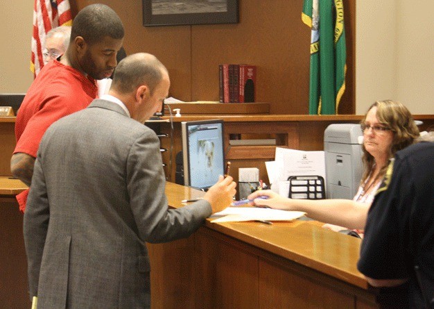 Terrence Williams of the Boston Celtics appears in King County Superior Court May 20 with defense attorney Aaron Kiviat for a bail hearing after his arrest by Kent Police for investigation of second-degree assault.