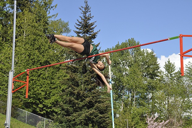 Kentridge’s Emily Tea soars in the pole vault on April 14 at French Field in a meet against Kentwood. She won the event at 10 feet