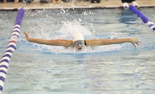 Kentridge's Haley Childress competes in the West Central District III 4A finals of the 100-yard butterfly last Saturday. Childress won the race and also placed seventh in the 100 backstroke.