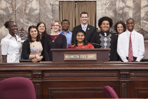 Sen. Joe Fain with guests from the Institute for Community Learning at the Senate rostrum.