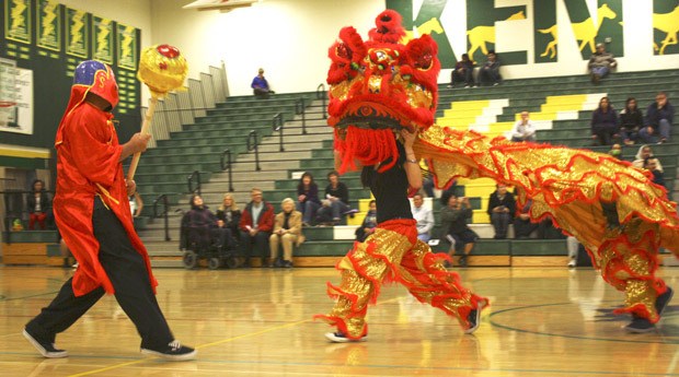 Students from Kentridge High School perform a traditional Chinese lion dance during Wednesday night's MLK Jr. celebration.