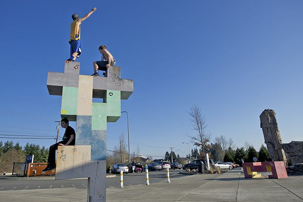 Kids monkey around on a sculpture at the Arbor Heights 360 Park during the recent stretch of sunny spring weather. While the Kent park is a ghost town during the winter