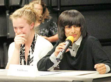 Hannah Green and Brandon Anica share a light moment during the Mock Congressional Hearings June 1 at Mill Creek Middle School. The event tested students on their knowledge of the U.S. Constitution