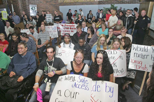 A large crowd packed the Kent City Council Chambers for a public hearing on the moratorium on medical marijuana dispensaries and collective gardens.