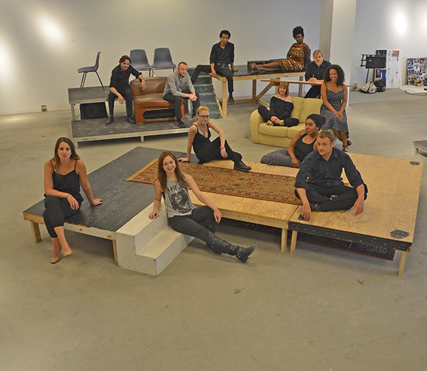The cast and crew of Theatre Battery’s production of  ‘A Maze’ hang out in the storefront space at Kent Station