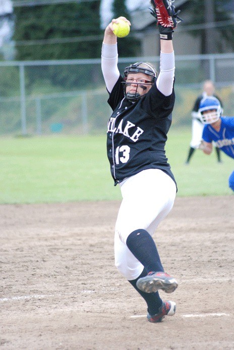 Kentlake ace Hannah Sauget delivers a pitch Saturday during the district tournament in Spanaway.