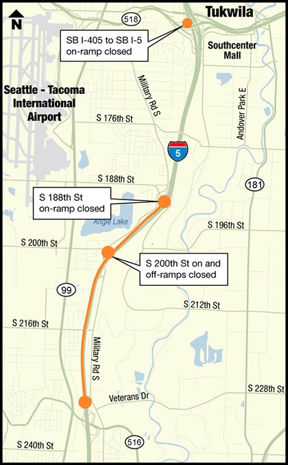 The work requires WSDOT contractor crews to reduce sections of southbound I-5 in Tukwila
