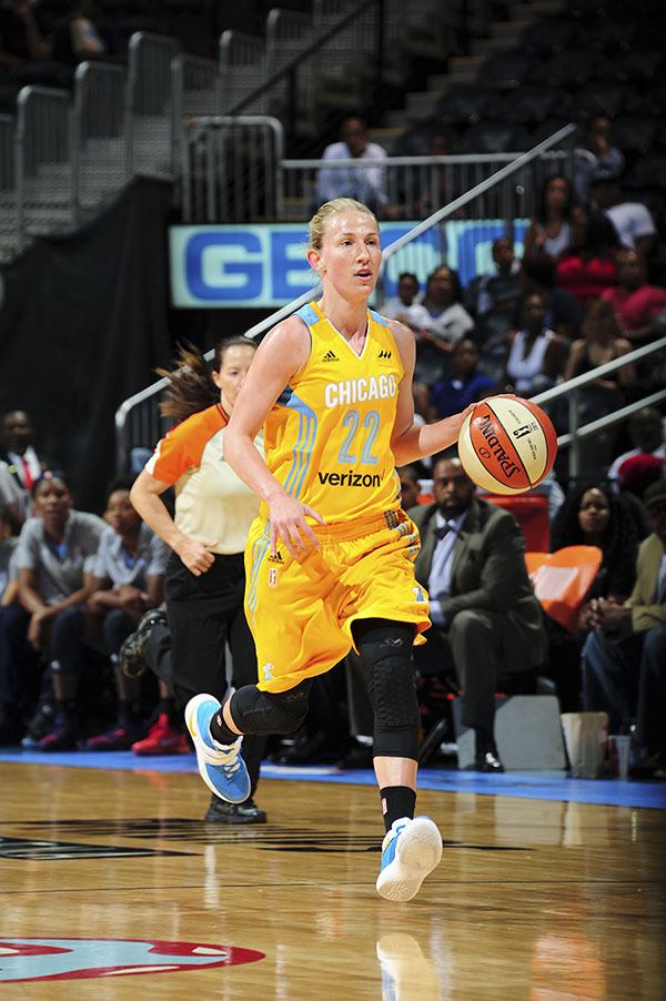 Former Kentwood High School basketball standout Courtney Vandersloot brings the ball up court in a recent Chicago Sky game against the Atlanta Dream.