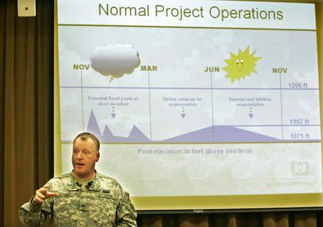 Army Corps of Engineer Col. Anthony Wright speaks Thursday at a press conference regarding an update to the status of the Howard Hanson Dam. In his speech