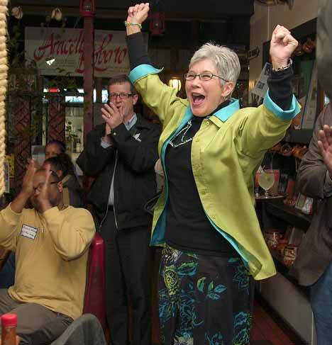 Kent Mayor Suzette Cooke reacts Tuesday night after the first vote count of the 2009 general elections put her ahead of her challenger for the position