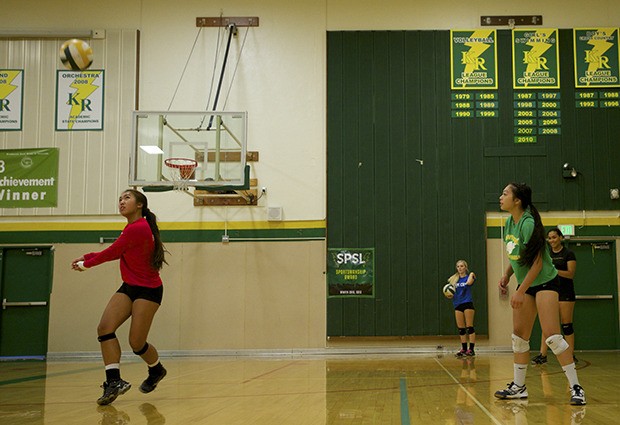Lexi Nguyen delivers a serve at a recent Kentridge High practice.