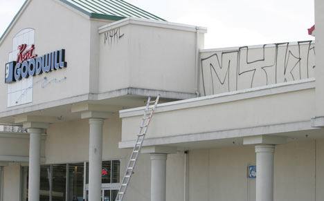 Goodwill and Grocery Outlet of Kent were hit by vandals who left graffiti on top of the storefronts May 12.  Vandals painted graffiti all over Carriage Square and East Hill Shopping centers in the late-night incident.