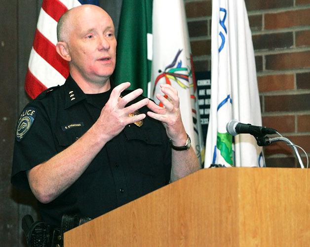 File photo of Police Chief Steve Strachan as he talks at a council workshop.
