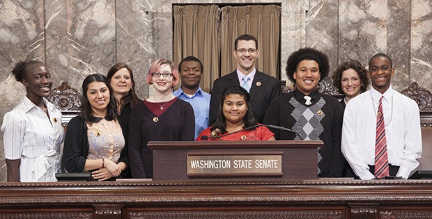 Members of the Institute for Community Leadership with Sen. Joe Fain at the Senate rostrum during a visit to Olympia in February. The institute received $545