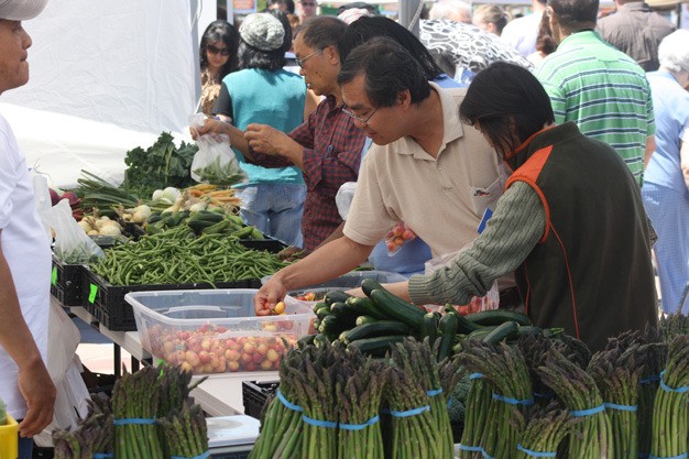 Customers pick out fruit and vegetables at the Kent Farmers Market.