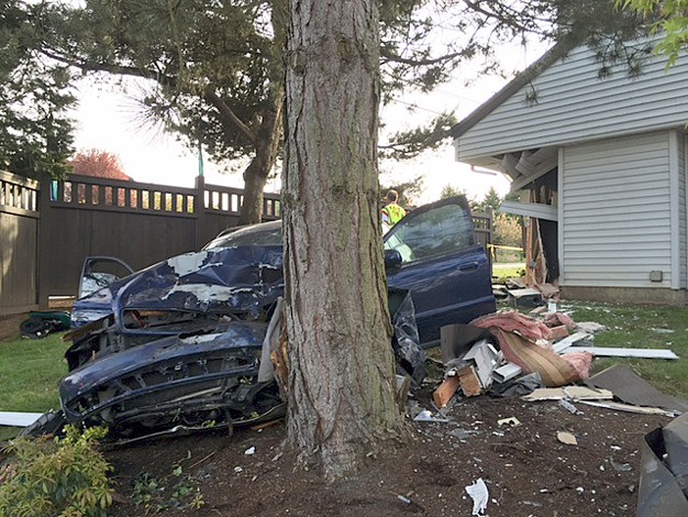 A car clipped an apartment and crashed into a tree Wednesday evening in the 12700 block of Southeast 240th Street. Nobody was seriously injured.