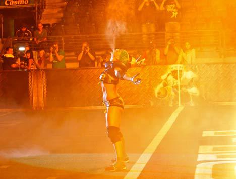 Seattle Mist Danika Brace fires up the crowd with a fiery entrance to start the game against the Los Angeles Temptation Aug. 27. Seattle fell to the Los Angeles 35-32 in the home opener at ShoWare.