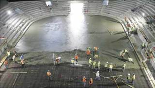 Down goes the floor The Kent Events Center reached a milestone Tuesday with the pouring of its concrete floor. The center is on target and on schedule to open in January. It will serve as the new home of the Seattle Thunderbirds. The T-Birds will move from their current home at KeyArena