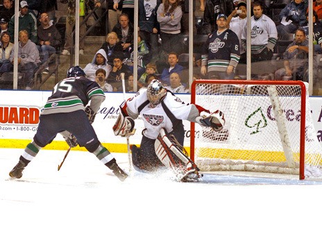 Seattle Thunderbirds wing Marcel Noebels fires a shot in an Oct. 26 game against the Tri-City Americans at the ShoWare Center.