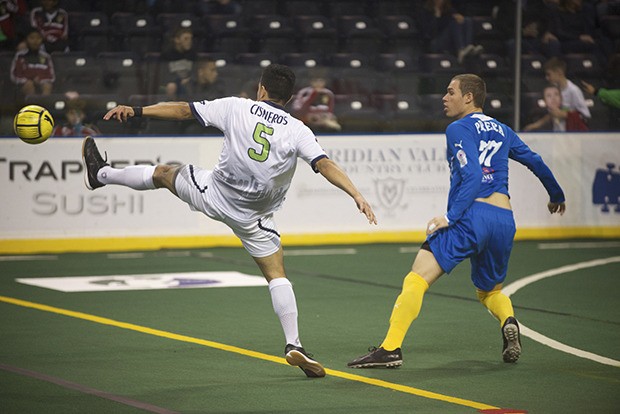 The Impact’s Francisco Cisneros battles San Diego’s Nick Perera for the ball during MASL action at the ShoWare Center earlier this season. The lowly Impact are 3-10 and up for sale.