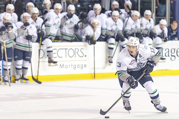 Seattle’s Mathew Barzal prepares to take a penalty shot during the Thunderbirds’ 4-1 win against Spokane at the ShoWare Center on March 15. Barzal converted and the T-Birds went on to clinch the Western Hockey League’s U.S. Division title.