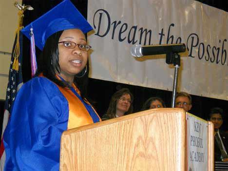 Kent Phoenix Academy graduate Sierra Roberts gives the student address during the academy's commencement exercises June 10.