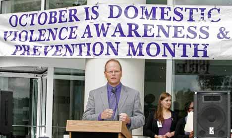 King County Prosecutor Dan Satterberg speaks Oct. 2 at a domestic-violence awareness rally at the Norm Maleng Regional Justice Center in Kent.