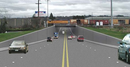 A computer rendering of a proposed underpass at the Union Pacific railroad tracks along South 228th Street. City officials are considering local improvement districts to help pay for the project.