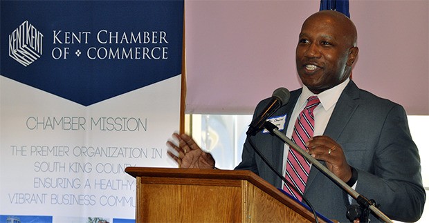 Kent School District Superintendent Calvin Watts addresses local business leaders on July 9.