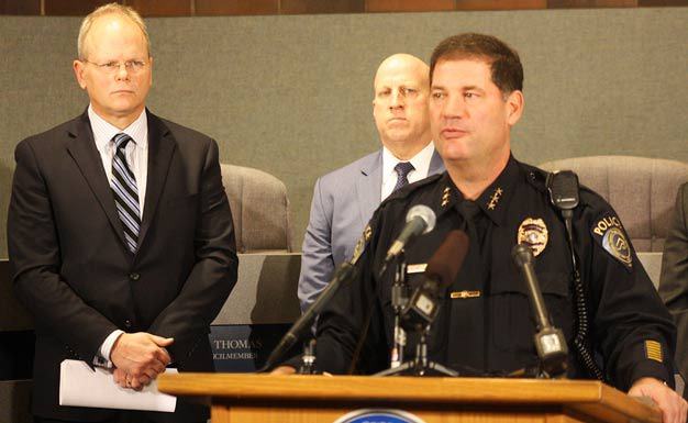 Kent Police Chief Ken Thomas speaks to the media on Monday at City Hall about the arrest of man for the drive-by shooting death in April of a baby girl. King County Prosecutor Dan Satterberg