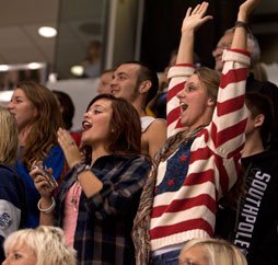 Fans cheer during a Seattle Thunderbirds hockey game at the ShoWare Center in Kent.